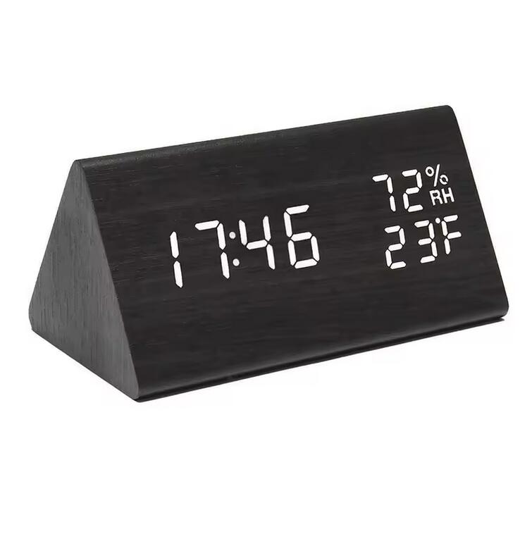 KH-WC008 Modern Multifunctional Desktop Electronic Triangle Table Wooden LED Digital Alarm Clock With Temperature Humidity