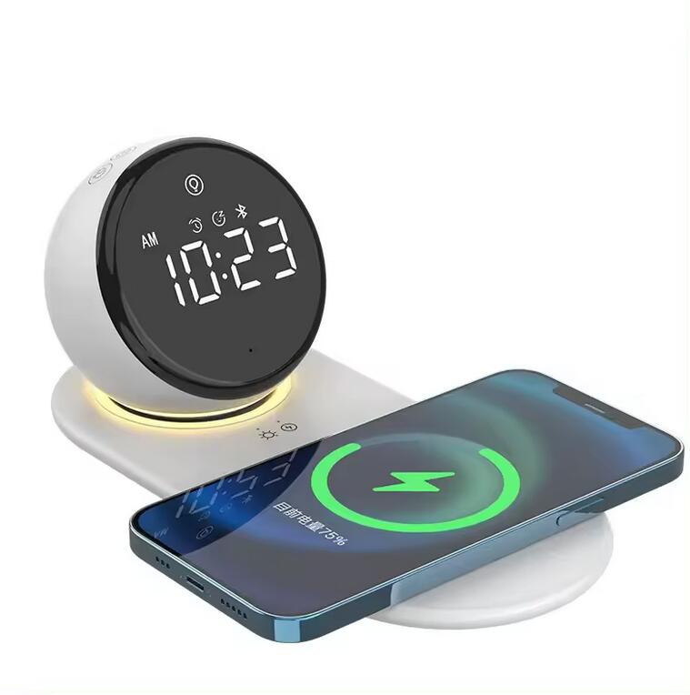 High Quality Wireless Charger Table Lamp Multifunction Digital Clock Bedside Table DC Plastic Round 10W Radio Alarm Clock