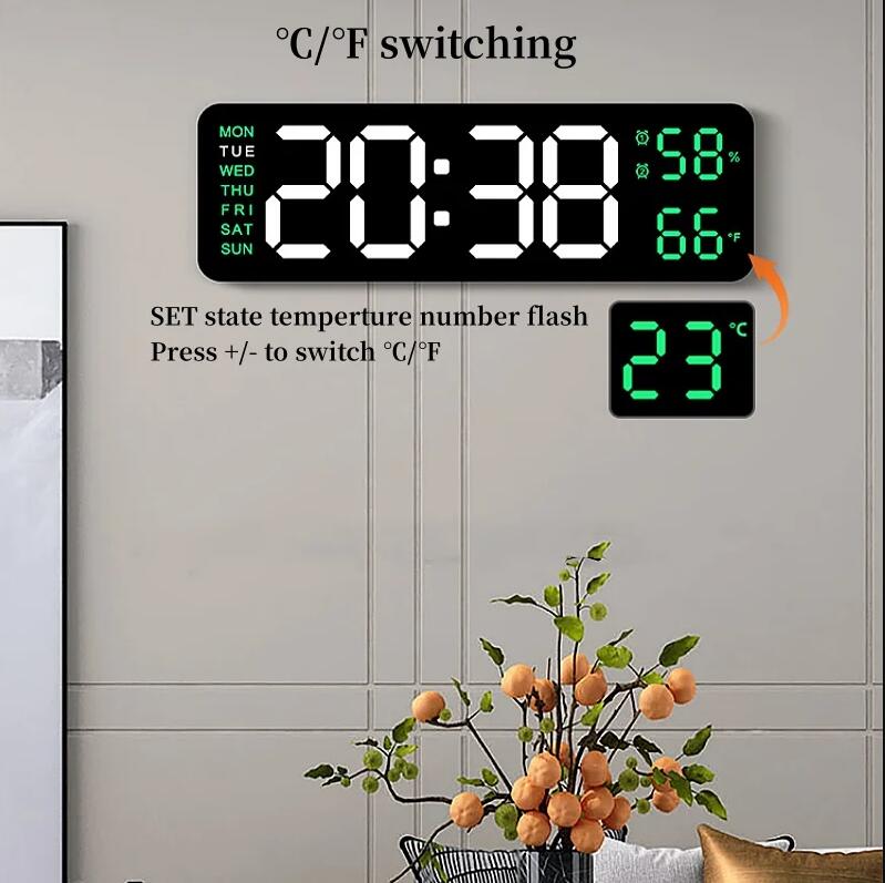 9 Inch Plug-in Use Large Digital Wall Clock Temperature Humidity Week 2 Alarm Auto Dimmer Snooze 12/24H DST Desk LED Alarm Clock