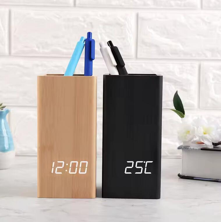 wooden digital temperature pen holder alarm clock for Office gifts & promotion with cheapest led desk clock