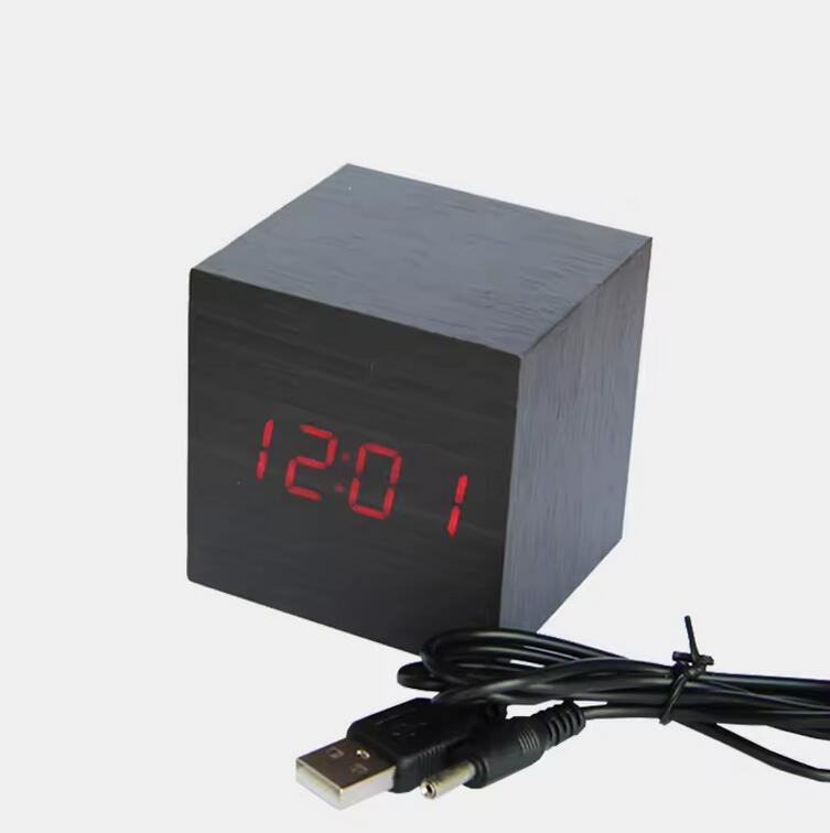 EMAF Dropshipping Square wooden cube led digital desk alarm clock time day temperature sounds control table alarm clock