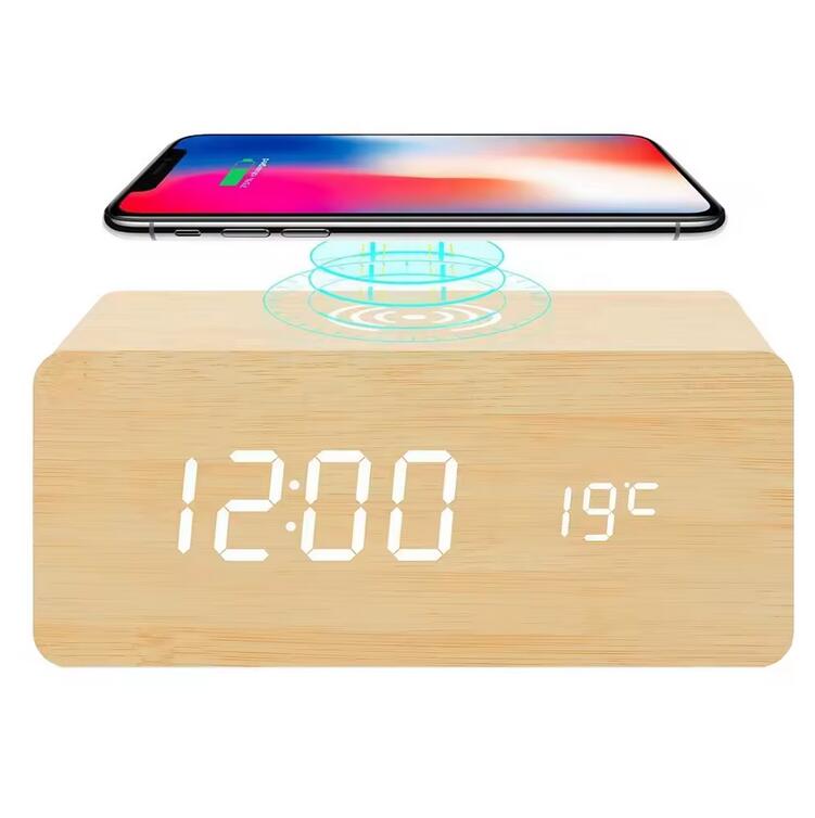 Wooden Led Alarm Clock Wireless Charger Charging Led Usb Electronic Desk Digital Alarm Clock