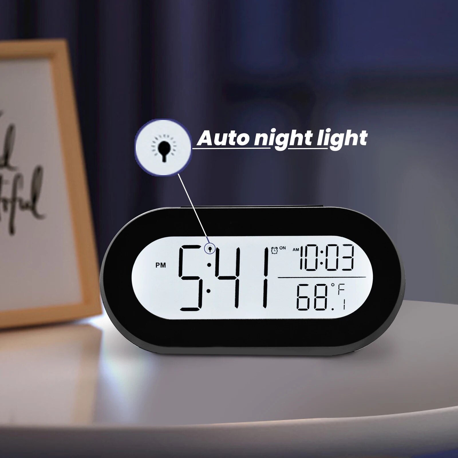 Upgraded Version Auto Night Light Digital Desk Alarm Clock with Backlight,Oval LCD Screen Snooze and Temperature Function