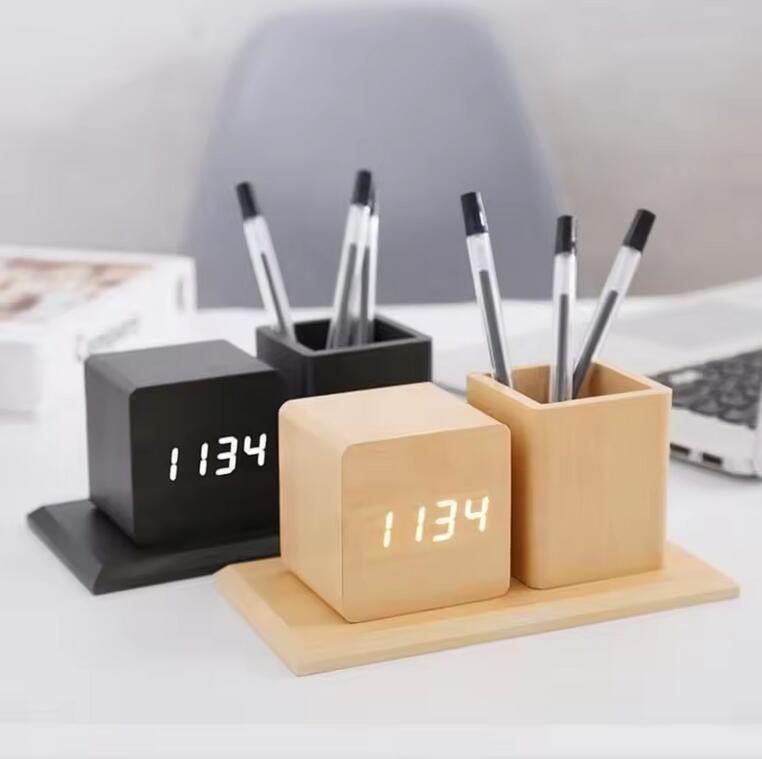 Best selling MDF wooden digital temperature pen holder alarm clock for gift & promotion led desk clock with pen stand